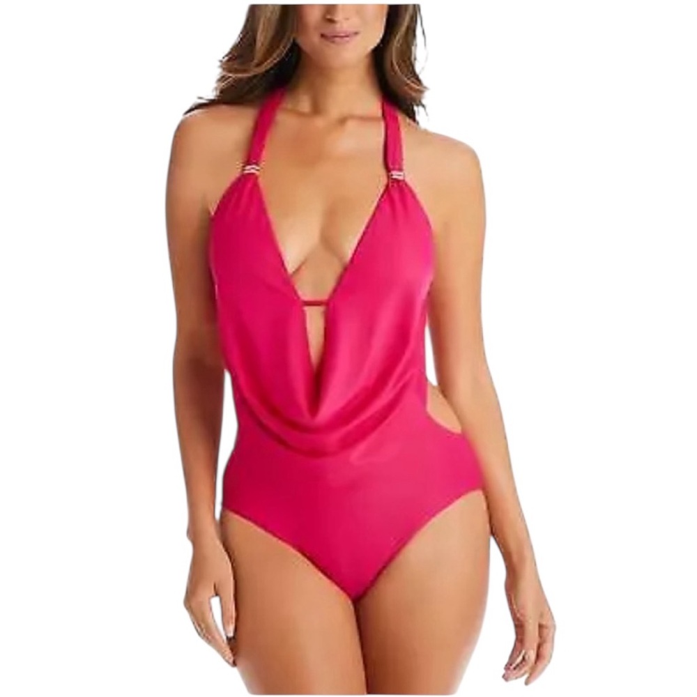 NWT Bar III Women’s Ruby Solid Cowl Neck  Halter One‎ Piece Swimsuit Swim Summer